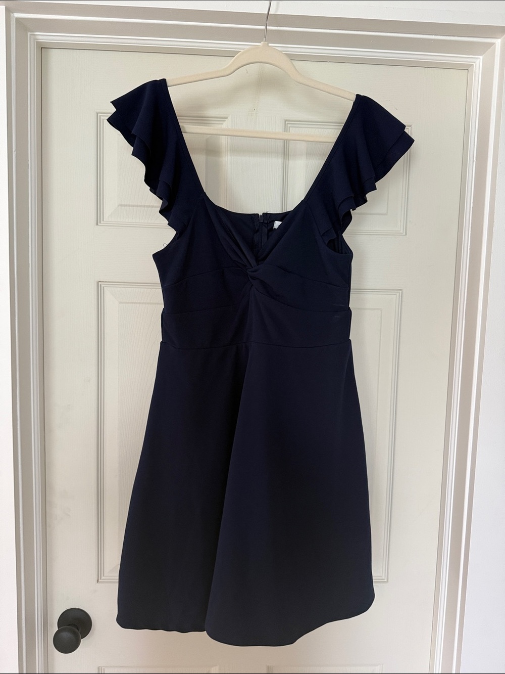 Altar'd State Navy Twist-Front Midi Dress with Ruffle Sleeves